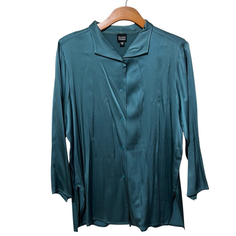Eileen Fisher Shirt Button Front Blouse Silk Long Sleeve Top Flowy Career Office